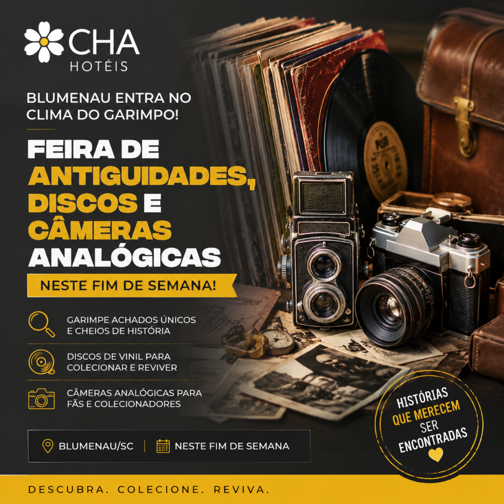 Blumenau entra no clima do garimpo vintage com feira de antiguidades, discos e câmeras analógicas neste fim de semana