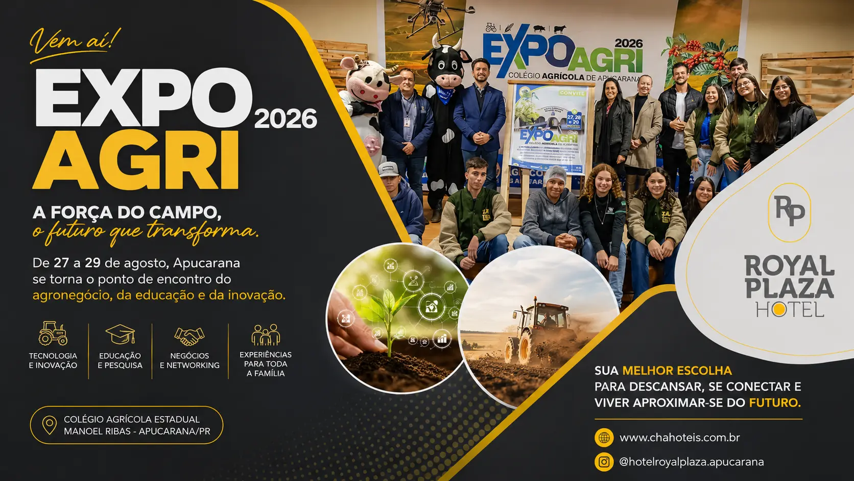 hotel em Apucarana, Royal Plaza Hotel, feira agropecuária Paraná, agronegócio, turismo de negócios, ExpoAgri, eventos em Apucarana, Colégio Agrícola Manoel Ribas, Rede CHA Hotéis.