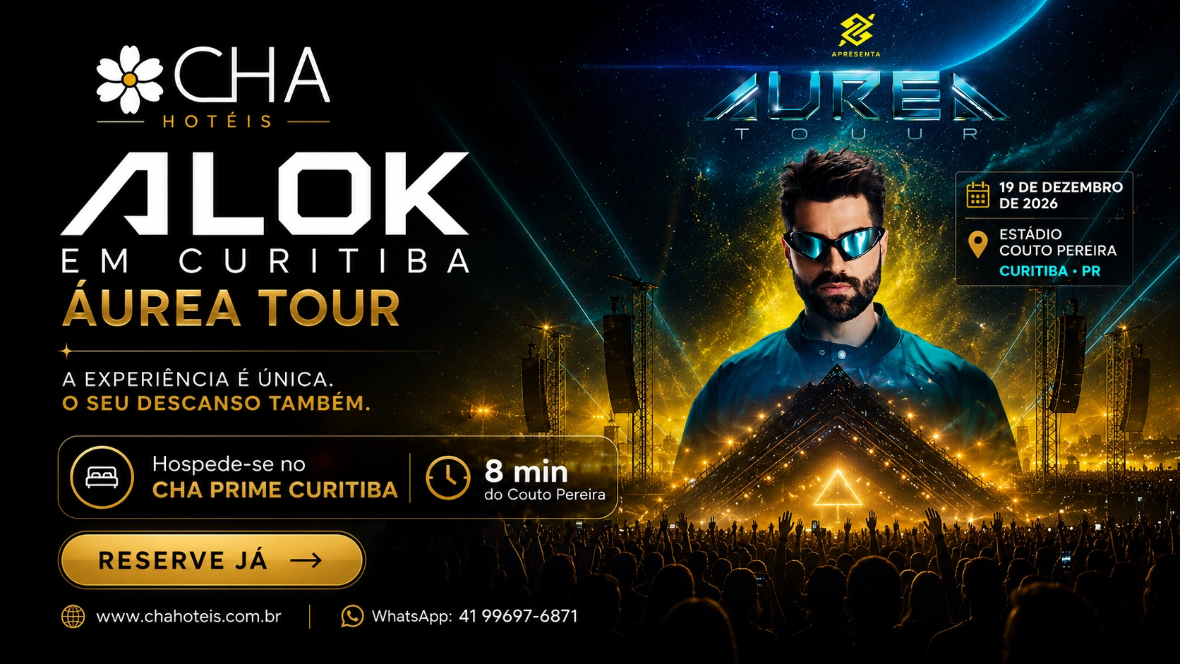 Alok, Áurea Tour, Show Alok Curitiba, Curitiba, Couto Pereira, Música Eletrônica, DJ Alok, Hotel em Curitiba, Hospedagem Curitiba, CHA Prime Curitiba, Turismo Curitiba, Eventos Curitiba, Grandes Shows, Rede CHA Hotéis, Viagem Curitiba, Onde ficar em Curitiba, Hotel próximo ao Couto Pereira, Turismo de Eventos
